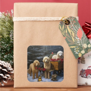 Pegatina Cuadrada Decoración de Navidades Goldendoodle Snowy Sleigh