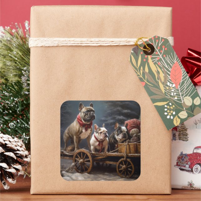 Pegatina Cuadrada Decoración de Navidades Snowy Sleigh Bulldog franc (Vacaciones)