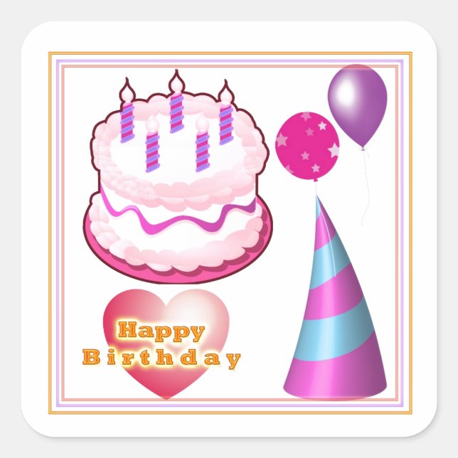 Pegatina Cuadrada Decoraciones de globos de pasteles HappyBIRTHDAY (Anverso)