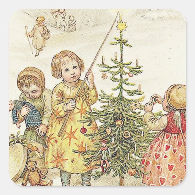 Pegatina Cuadrada Decorando el árbol de Navidad (Anverso)