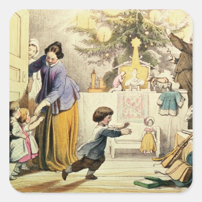 Pegatina Cuadrada Decorando el árbol de Navidad (Anverso)