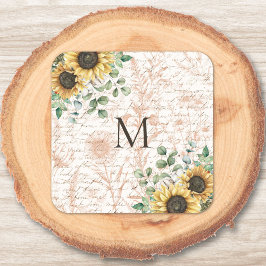 Pegatina Cuadrada Decoupage de girasol vintage con monograma