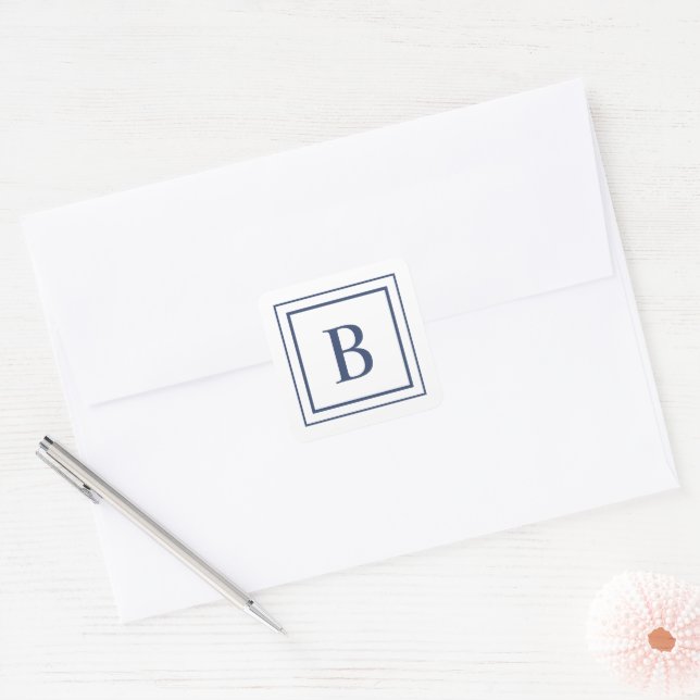 Pegatina Cuadrada Deep Navy And White Square Border Monogram  (Sobre)