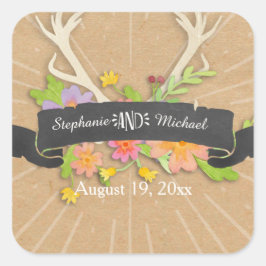 Pegatina Cuadrada Deer Antler Wildflower Starburst Rustic Boda