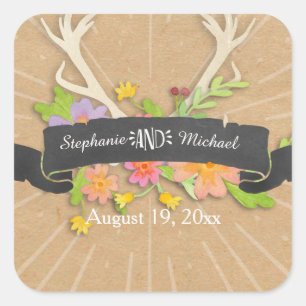 Pegatina Cuadrada Deer Antler Wildflower Starburst Rustic Boda