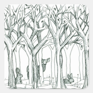 Pegatina Cuadrada Deer Rabbits Wildlife Forest Treys Tinta Dibujo