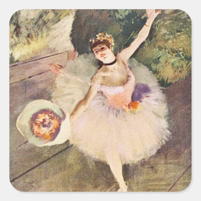 Pegatina Cuadrada Degas Ballerina con Bouquet de flores (Anverso)