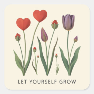 Pegatina Cuadrada Deja que tu corazón floral de tulipanes crezca Art