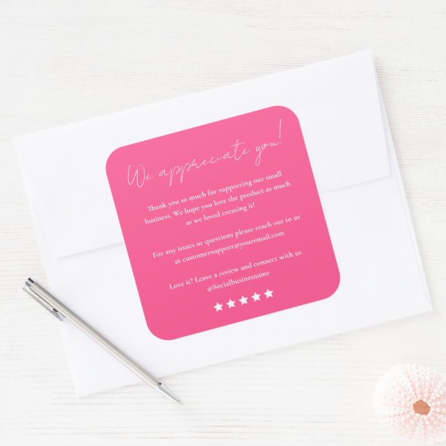 Pegatina Cuadrada Déjanos Un Guión De Revisión Gracias Rosa Caliente (Sobre)