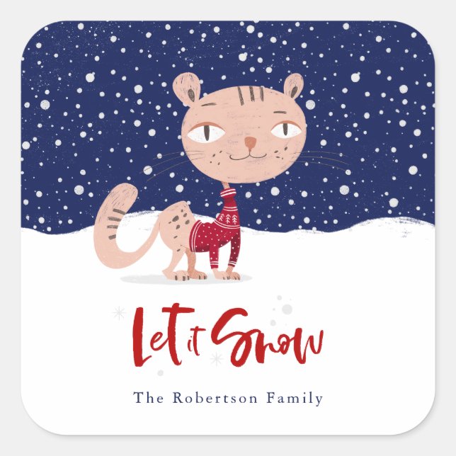 Pegatina Cuadrada Déjenla nieve - Gato lindo en suéter invernal (Anverso)