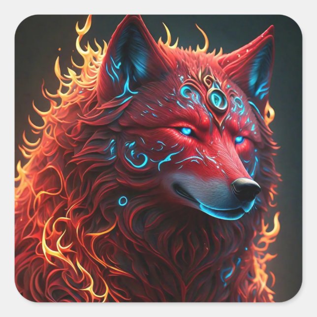 Pegatina cuadrada del lobo rojo celta (Anverso)