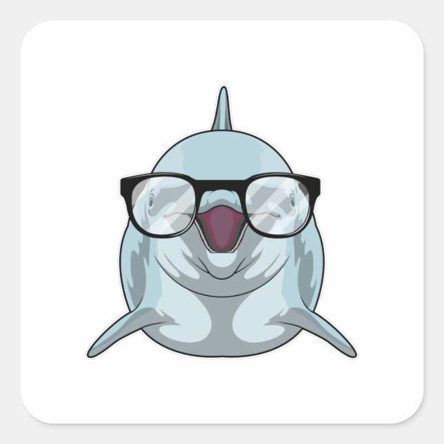 Pegatina Cuadrada Delfín como nerd con lentes (Anverso)