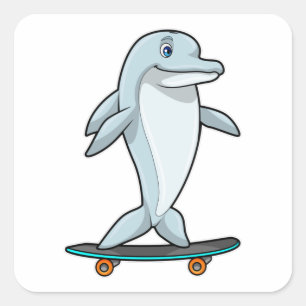 Pegatina Cuadrada Delfín como Skater con Skateboard