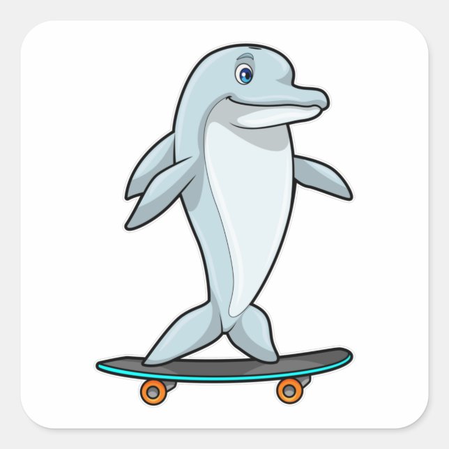 Pegatina Cuadrada Delfín como Skater con Skateboard (Anverso)