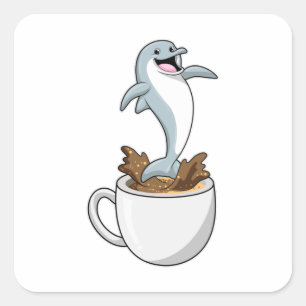 Pegatina Cuadrada Delfín con copa de café