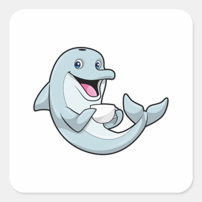 Pegatina Cuadrada Delfín con copa de café (Anverso)