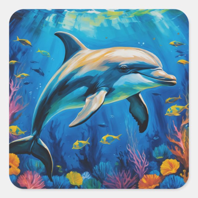 Pegatina Cuadrada Delfín de pintura de aceite (Anverso)