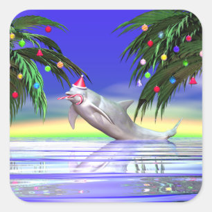 Pegatina Cuadrada Delfín Navidades tropicales