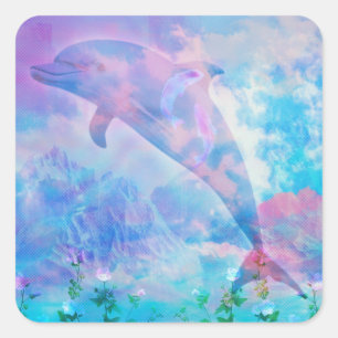 Pegatina Cuadrada Delfín vaporwave en el cielo