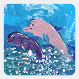 Pegatina Cuadrada Delfines "Arte de niños"