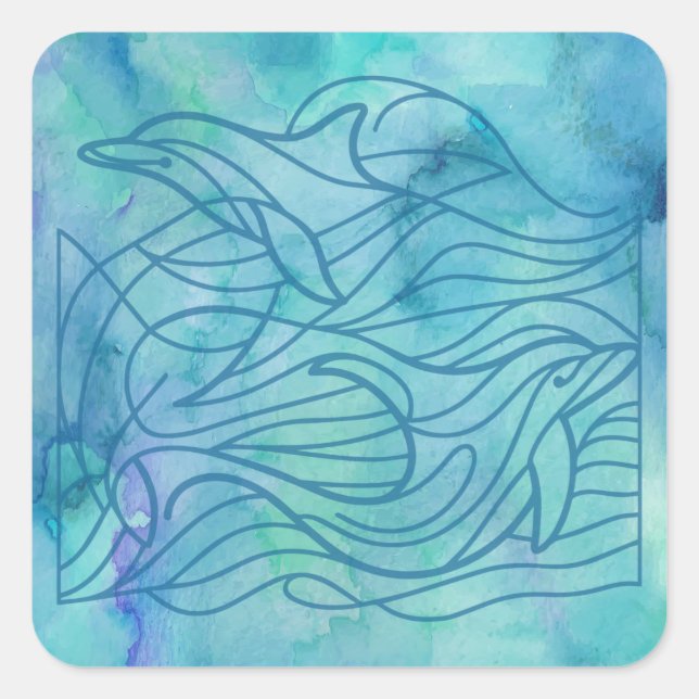 Pegatina Cuadrada Delfines - Azul (Anverso)