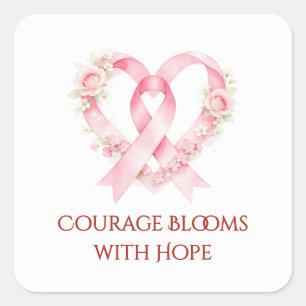 Pegatina Cuadrada Delicado Corazón de Abanico Floral con Cinta Rosa 