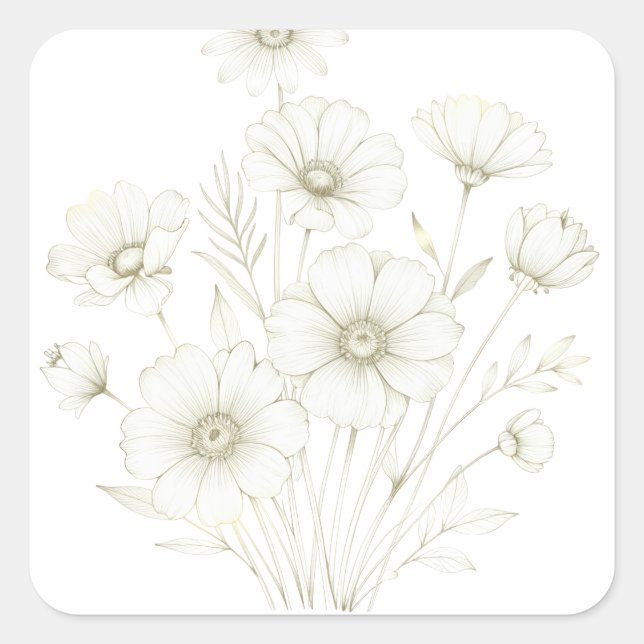 Pegatina Cuadrada Delicate Cosmos Bouquet Line Art Grace (Anverso)