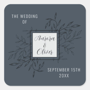 Pegatina Cuadrada Delicate Foliage   Azul acero   Invitación de boda