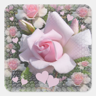 Pegatina Cuadrada Delicate Pale Pink Rose with Hearts