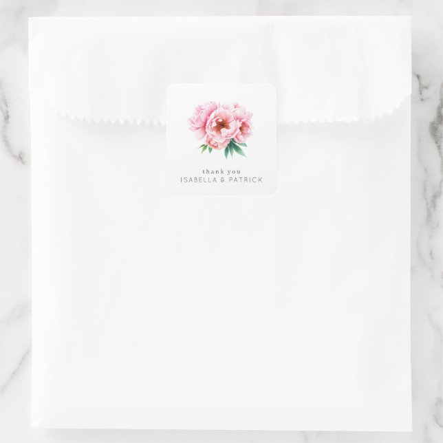 Pegatina Cuadrada Delicate Pink Peony Thank You Card (Bolso)