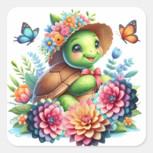 Pegatina Cuadrada Deliciosa tortuga floral