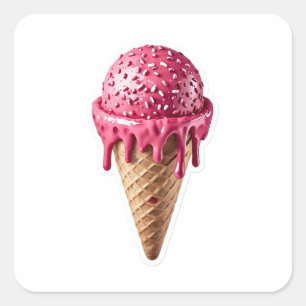 Pegatina Cuadrada Delicioso cono de helado de fresa rosa 3D