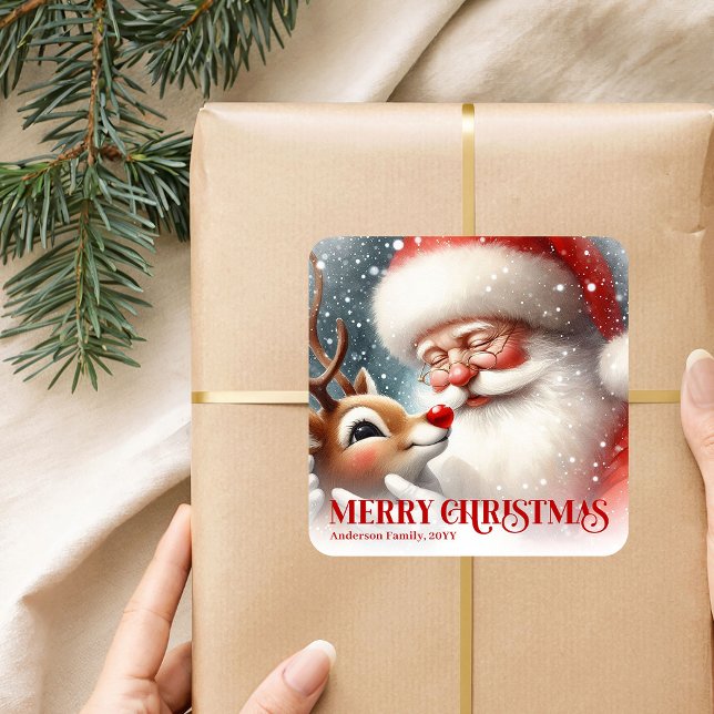 Pegatina Cuadrada Delightful Personalized Santa and Rudolph Holiday  (Delightful Personalized Santa and Rudolph Holiday Sticker)