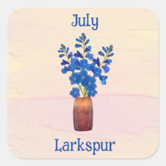 Pegatina Cuadrada Delphinium Larkspur Acuarela Cumpleaños Julio