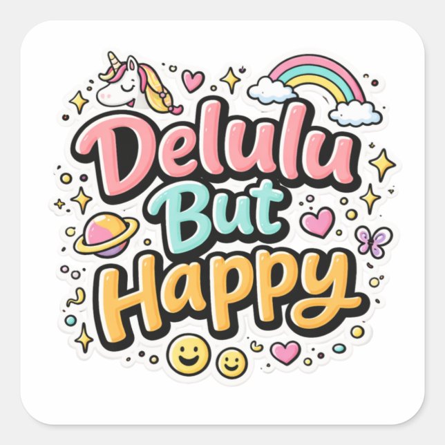Pegatina Cuadrada Delulu But Happy Meme Sticker (Anverso)
