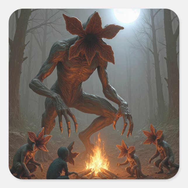 Pegatina Cuadrada Demogorgon Creatures Around a Campfire (Anverso)