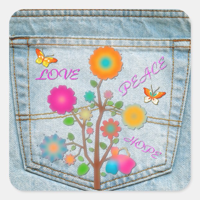 Pegatina Cuadrada Denim Back Pocket Flowers Peace Love Hope (Anverso)