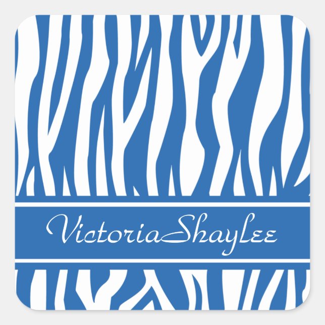 Pegatina Cuadrada Denim Blue Zebra Print con texto personalizado (Anverso)