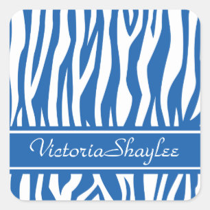 Pegatina Cuadrada Denim Blue Zebra Print con texto personalizado