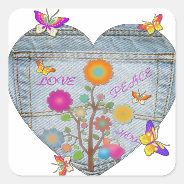Pegatina Cuadrada Denim Pocket Heart Flowers Butterflies (Anverso)