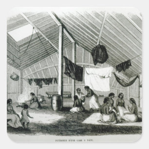 Pegatina Cuadrada Dentro de una choza de Tahitan