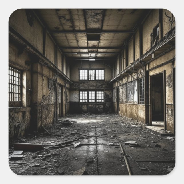 Pegatina Cuadrada Dentro de una estación abandonada (Anverso)