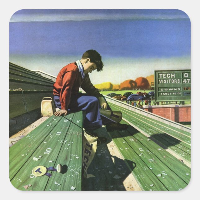 Pegatina Cuadrada Deportes de época, fanático del fútbol triste con  (Anverso)