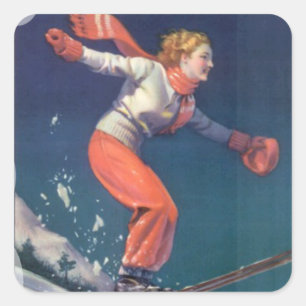 Pegatina Cuadrada Deportes de invierno del vintage - saltando sobre