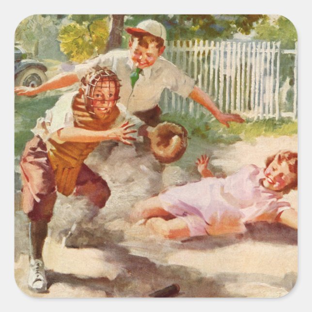 Pegatina Cuadrada Deportes vintage, niños juegan béisbol (Anverso)