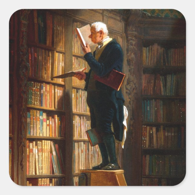 Pegatina Cuadrada Der Bücherwurm von Carl Spitzweg Deutsche Malerei  (Anverso)