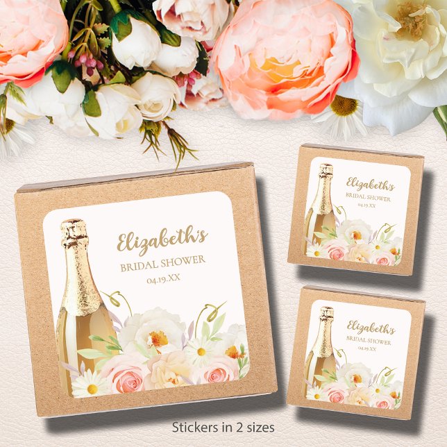 Pegatina Cuadrada Desayuno Brunch & Bubbly Floral Despedida de Solte (Brunch & Bubbly blush floral bridal shower square stickers - choose 1-1/2" or 3" )