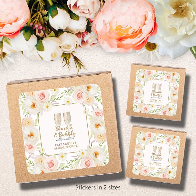 Pegatina Cuadrada Desayuno Brunch & Bubbly Garden Floral Bridal Show (Brunch & Bubbly blush floral bridal shower square stickers - 3" and 1-1/2" )