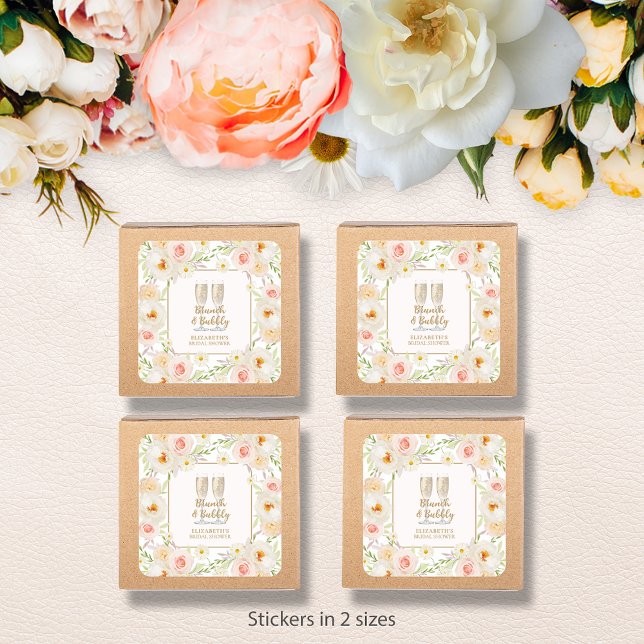 Pegatina Cuadrada Desayuno Brunch y Burbujas Jardín Floral Despedida (Brunch & Bubbly blush floral bridal shower square stickers -  choose 1-1/2" or 3" )