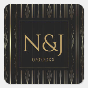Pegatina Cuadrada Desayuno Nupcial Art Déco Negro y Dorado